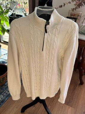 Haggar 100% Cotton 1/4 Zip Cable Knit Winter White Sweater EUC L